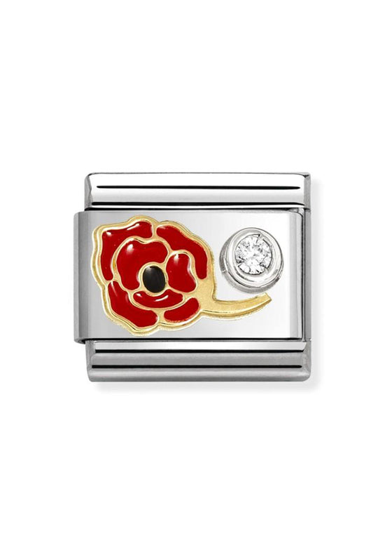 Nomination Composable Classic Link Red Enamel Poppy With CZ Stainless Steel 925 Silver 750 Gold