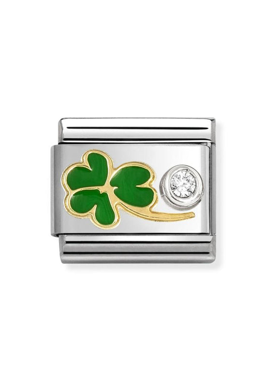 Nomination Composable Classic Link Green Enamel Shamrock With CZ Stainless Steel 925 Silver 750 Gold