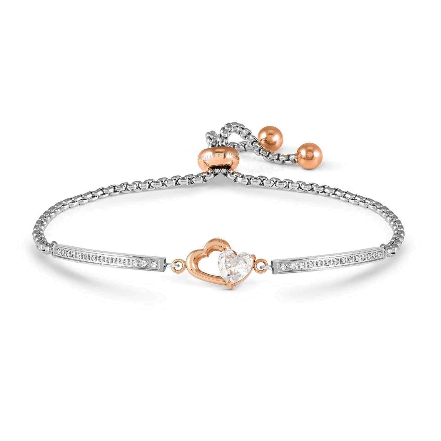Silver and rose gold heart bracelet with clear stone.