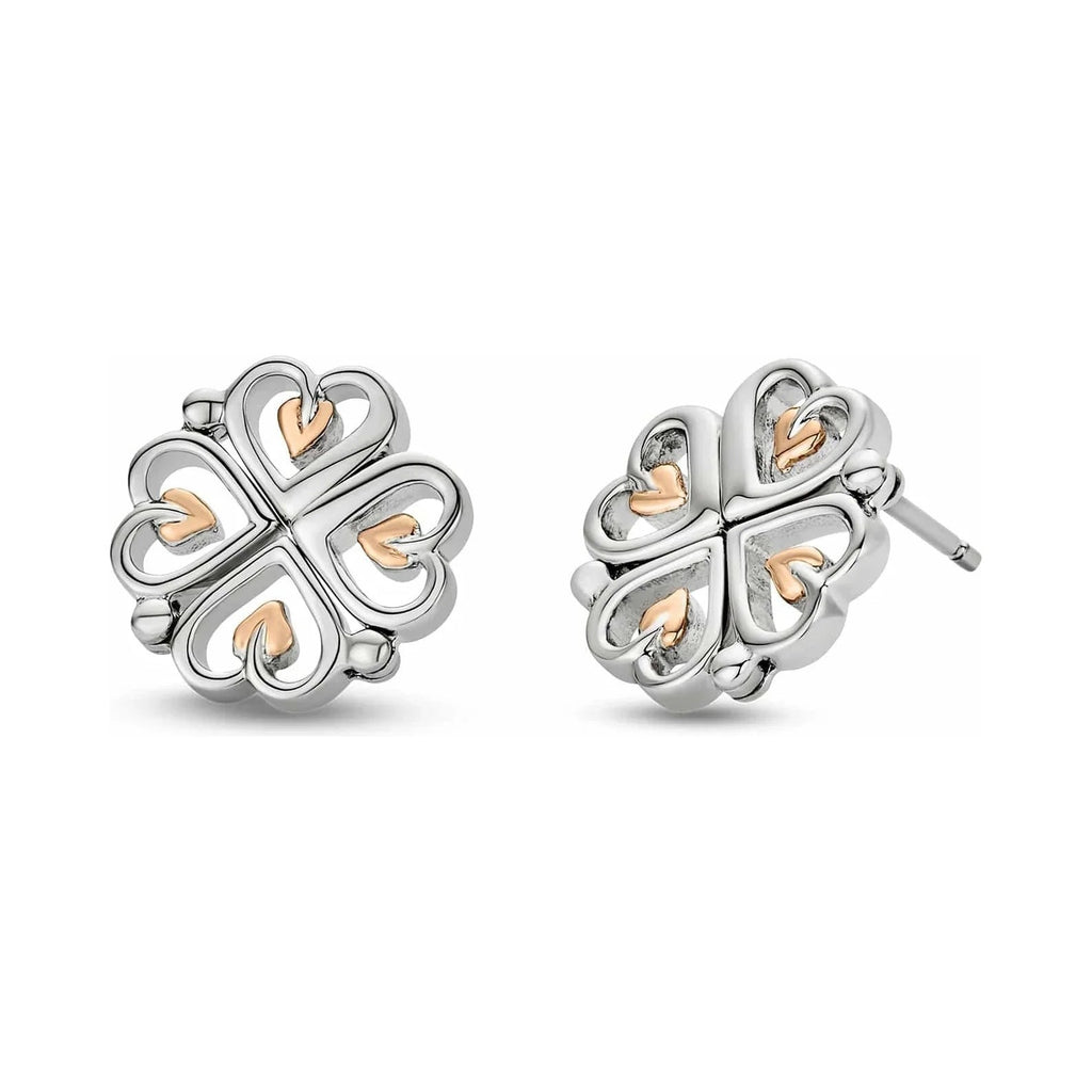 Silver clover earrings with gold hearts.