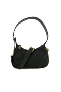 A black shoulder bag with a curved top handle, a detachable shoulder strap, and gold-tone hardware, shown against a plain white background.