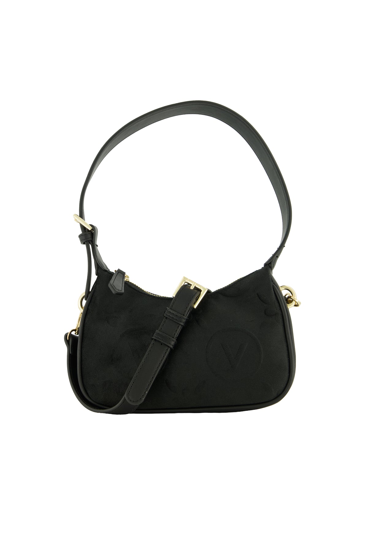 A black shoulder bag with a curved top handle, a detachable shoulder strap, and gold-tone hardware, shown against a plain white background.