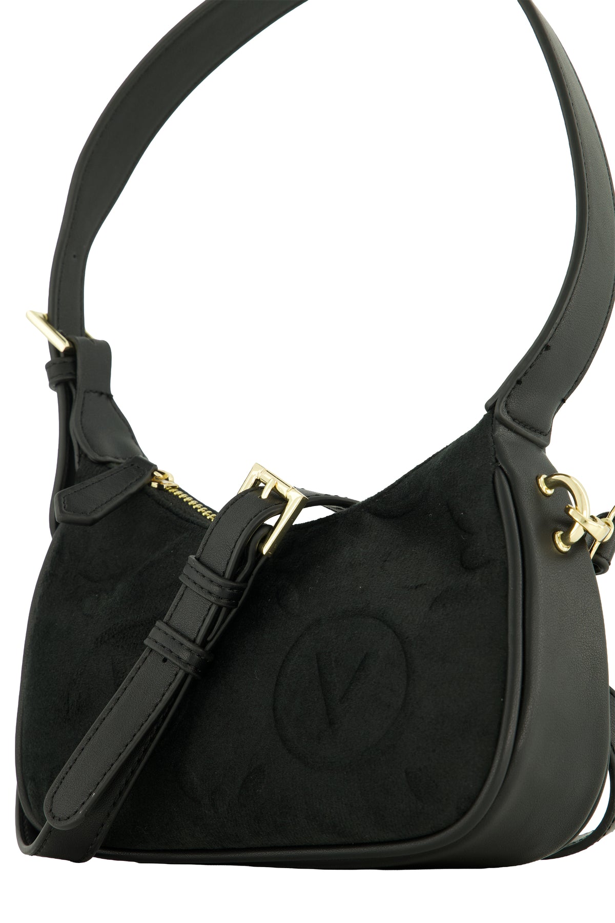 A black leather shoulder bag with a subtle embossed monogram pattern, gold-tone hardware, and a black strap, shown against a plain white background.