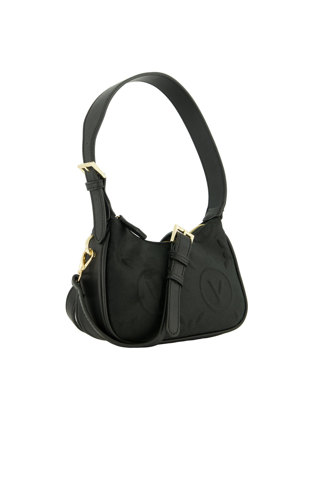 A black shoulder bag with gold-tone hardware and a circular monogram logo on the front, shown against a plain white background.