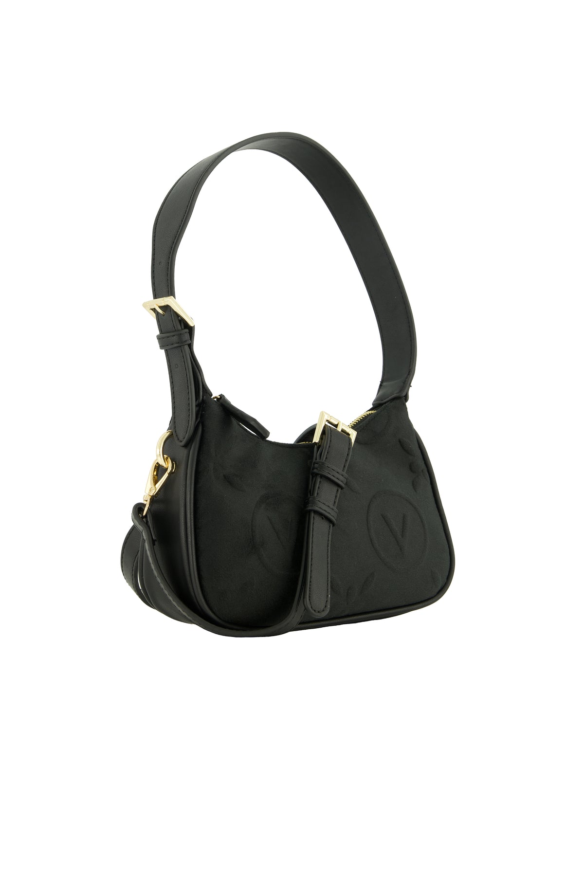 A black shoulder bag with gold-tone hardware and a circular monogram logo on the front, shown against a plain white background.
