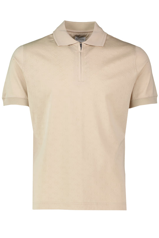 Men's Pal Zileri Mercerised Beige All Over Logo Monogram Embroidery 1/4 Zip Polo Shirt