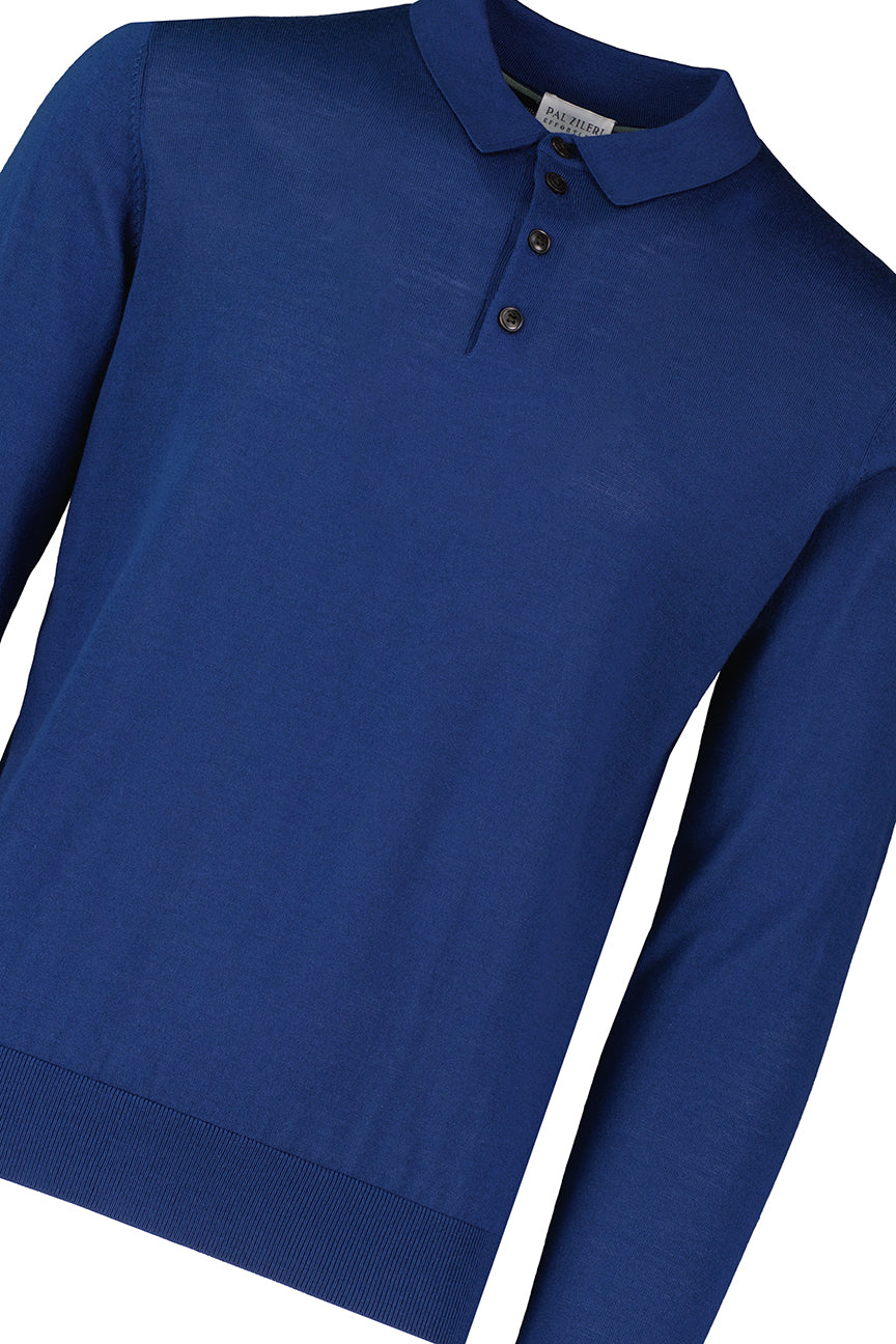 Men's Pal Zileri Blue Long Sleeve Knitted Polo Shirt - image 4