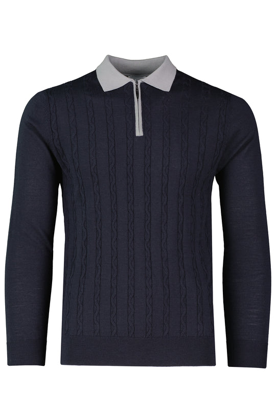 Men's Pal Zileri Navy 1/4 Zip Long Sleeve Knitted Polo Shirt