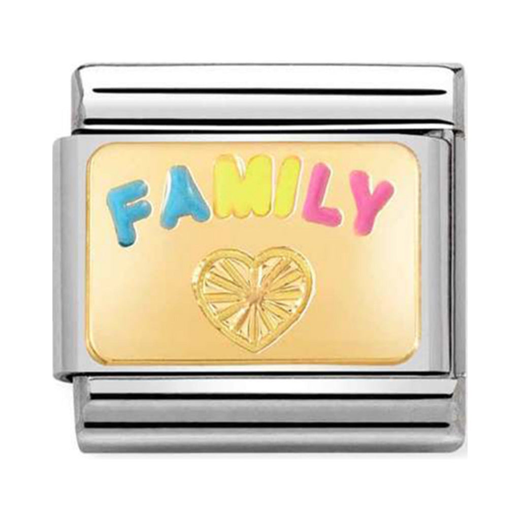 Family charm, Nomination composable bracelet link. Enamel lettering and golden heart express togetherness.