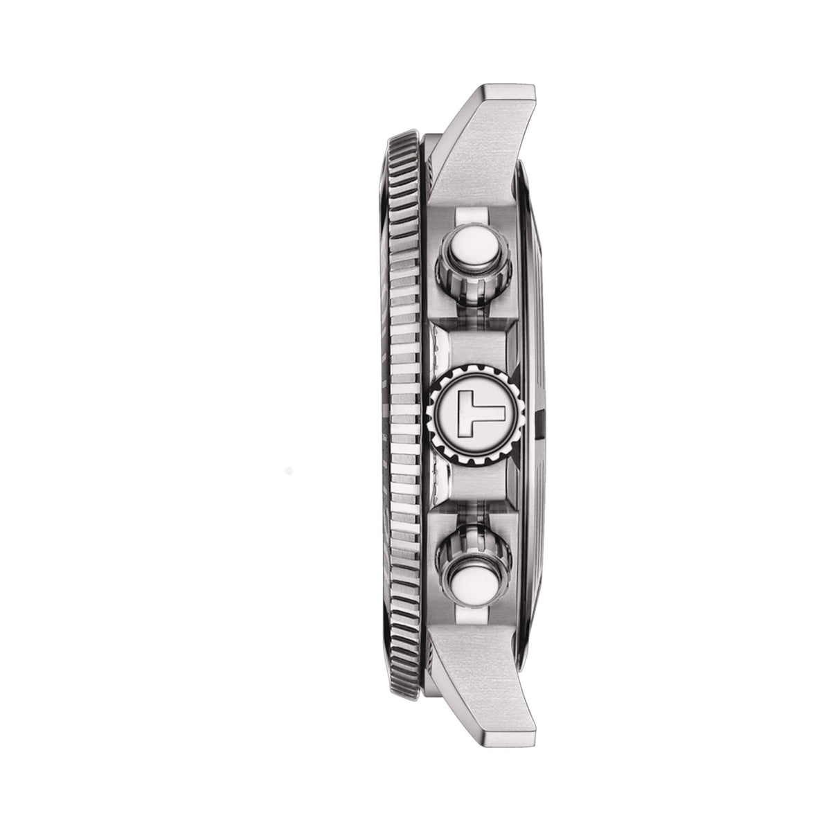 Side view of the Tissot Seastar 1000 diving watch, showcasing the bezel, crown, and rugged design features of this 30 Bar