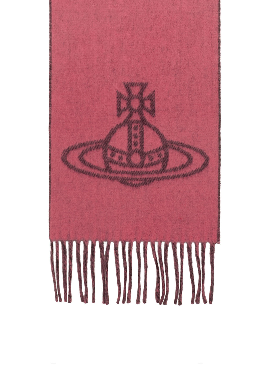A pink woven scarf with fringe at the bottom and constasting orbs logo in the center, shown against a plain white background.