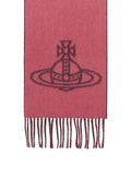 A pink woven scarf with fringe at the bottom and constasting orbs logo in the center, shown against a plain white background.