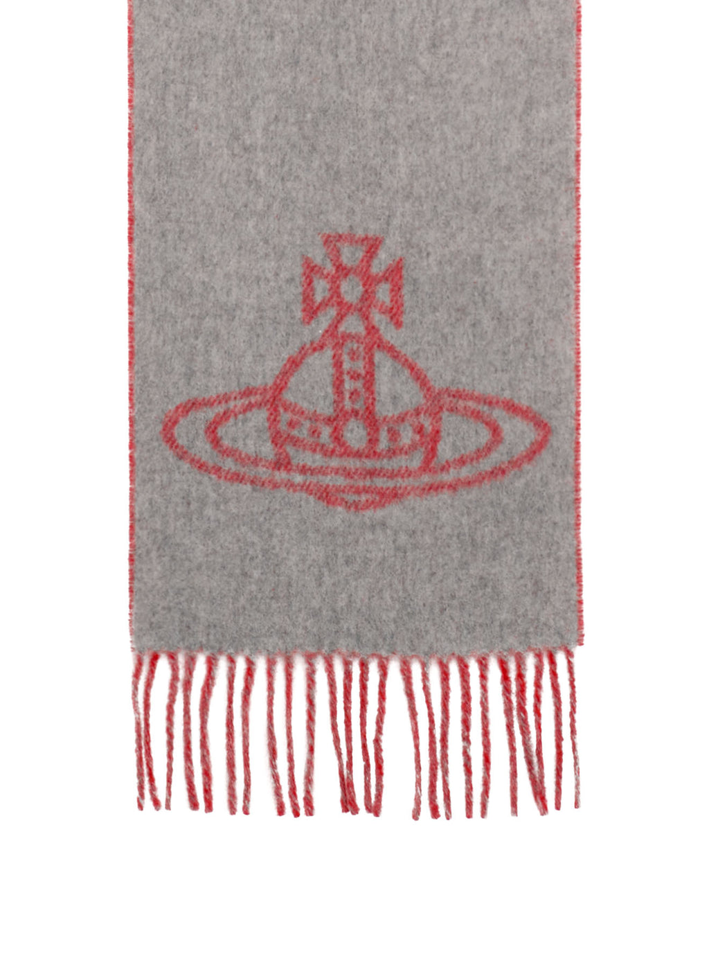 A gray knit scarf with red fringe and a red embroidered logo of a cross inside a hat-like ring design, shown on a plain white background.
