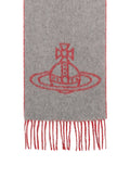 A gray knit scarf with red fringe and a red embroidered logo of a cross inside a hat-like ring design, shown on a plain white background.