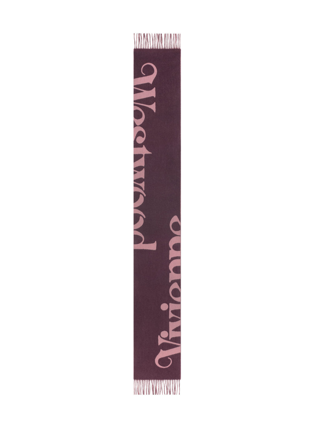 A long, narrow scarf in deep burgundy with light pink fringe and large vertical script text reading 'Vivienne' on a plain white background.