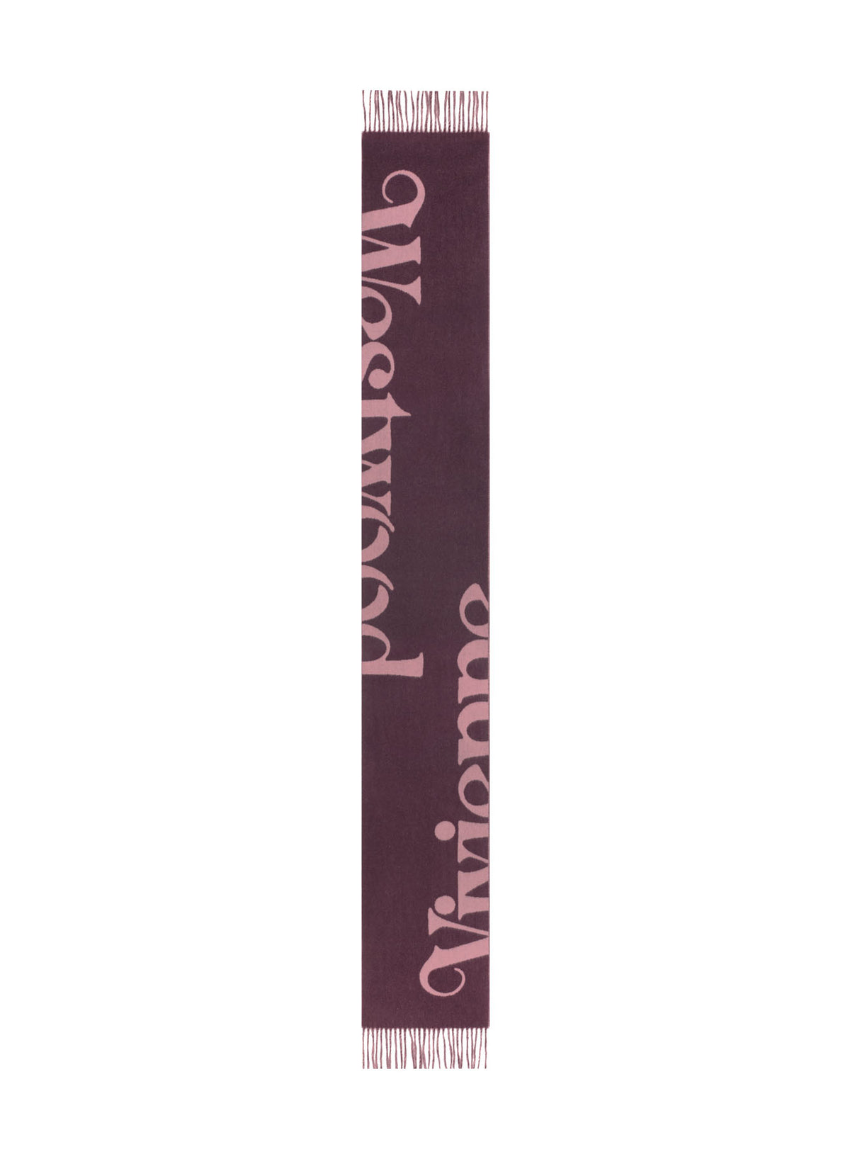 A long, narrow scarf in deep burgundy with light pink fringe and large vertical script text reading 'Vivienne' on a plain white background.