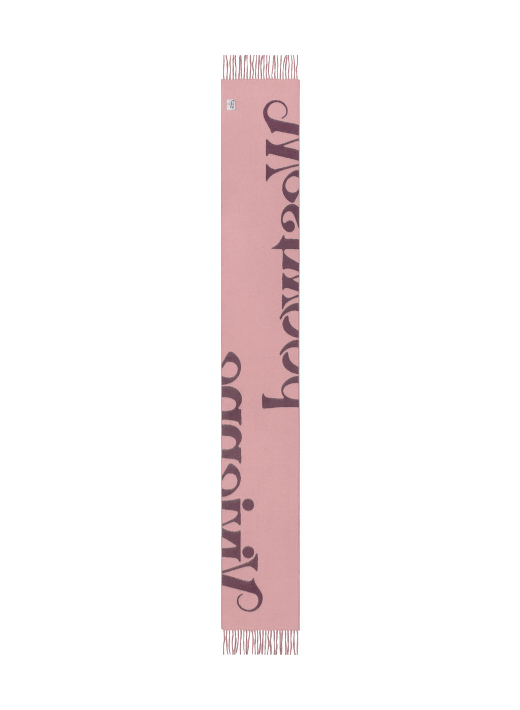 A long, narrow pink scarf with fringe at both ends and large dark script text running vertically down the center, shown on a plain white background.