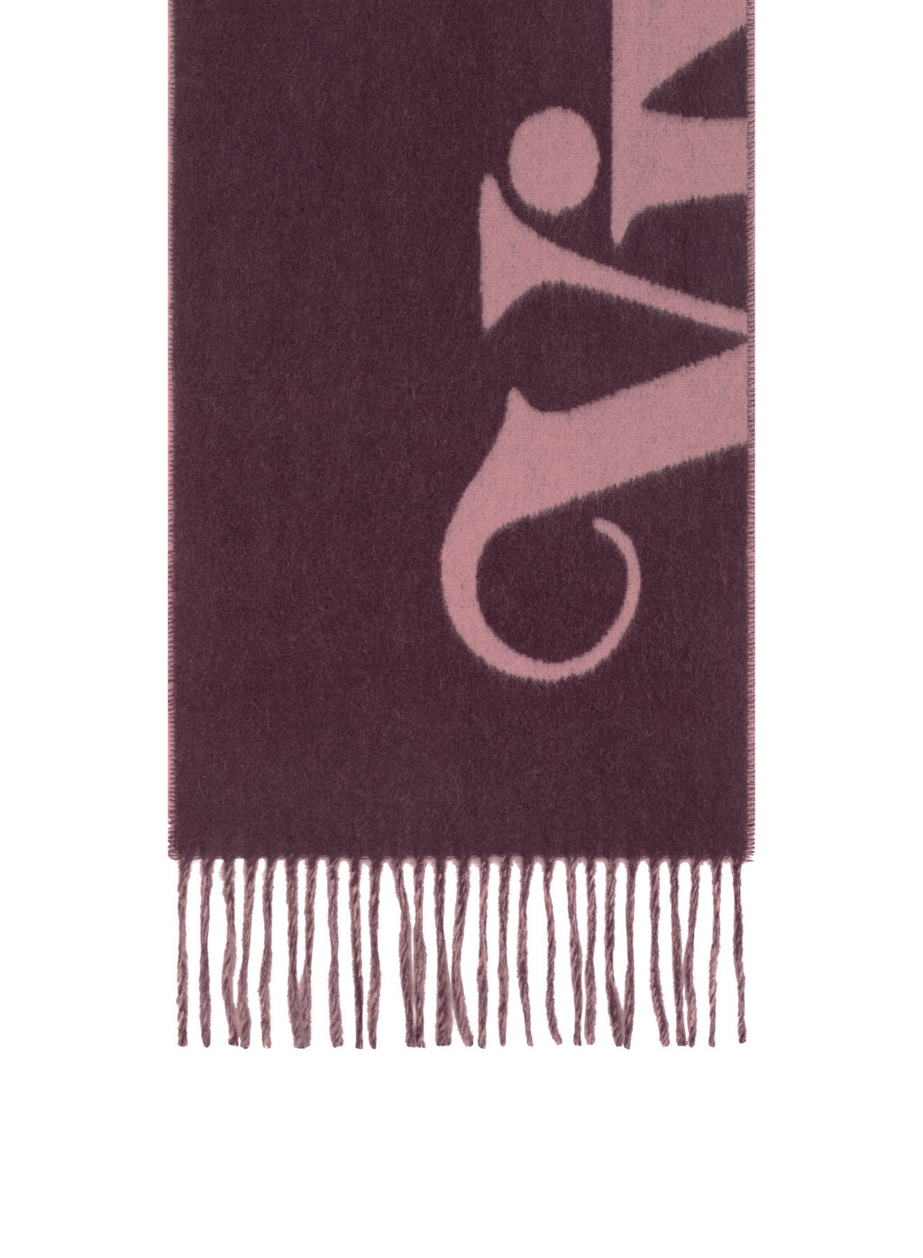 A close-up of a dark plum purple scarf with a large light pink stylized Vivienne printed on it and fringed ends, shown against a white background.