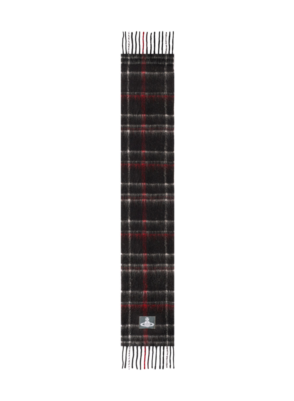 A long plaid scarf in black, white, and red, featuring fringed ends and a small square brand patch near the bottom, shown against a plain white background.