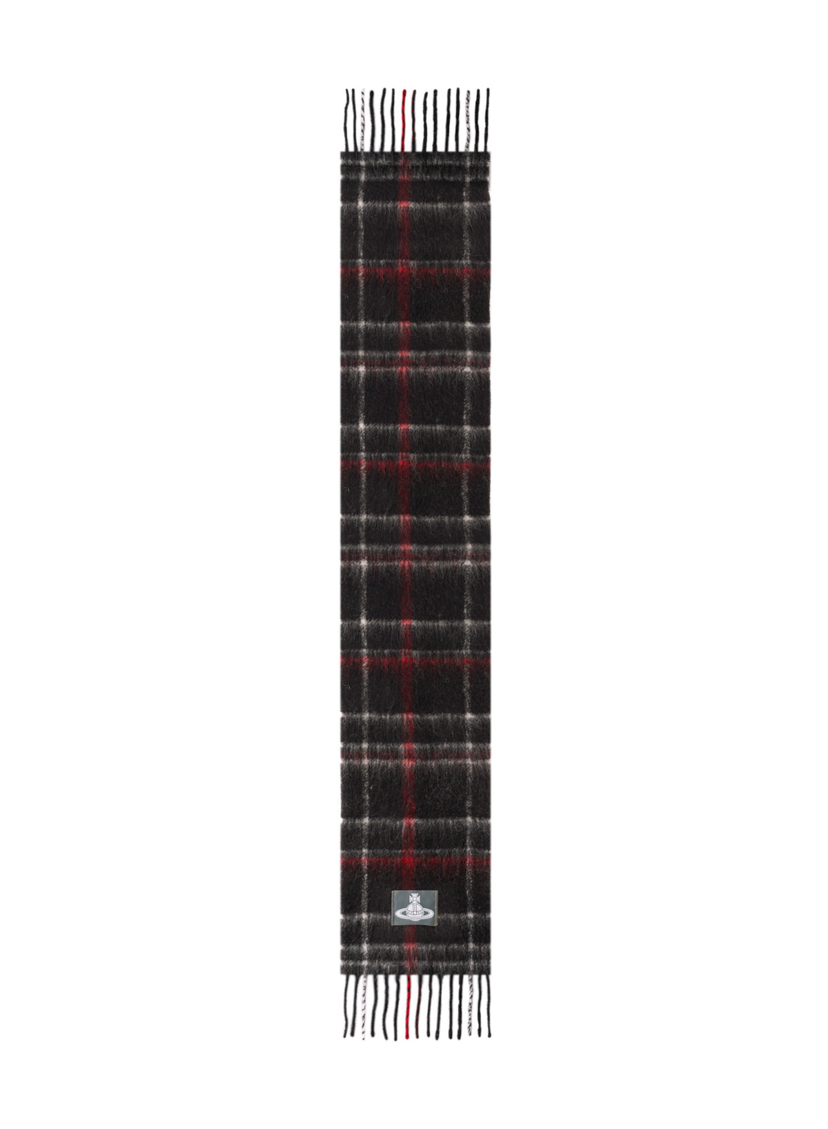 A long plaid scarf in black, white, and red, featuring fringed ends and a small square brand patch near the bottom, shown against a plain white background.