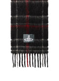 A black plaid scarf with red and white stripes, featuring fringe at the bottom and a grey brand patch with the Vivienne Westwood Orb logo.