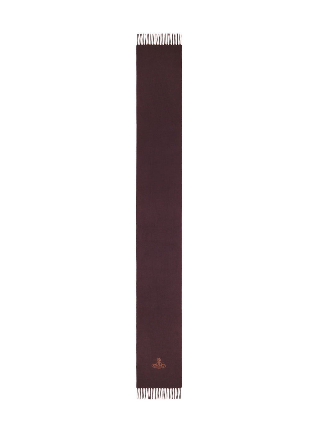 A long, narrow dark brown scarf with fringed ends and a small embroidered logo near the bottom, shown on a plain white background.