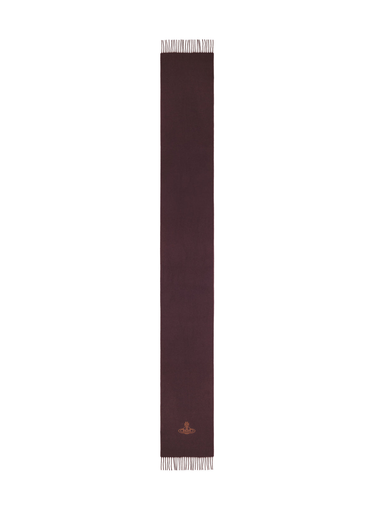 A long, narrow dark brown scarf with fringed ends and a small embroidered logo near the bottom, shown on a plain white background.