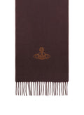 A dark Plum knit scarf with fringe at the bottom and a small gold embroidered Vivienne Westwood Orb logo in the center, shown against a plain white background.