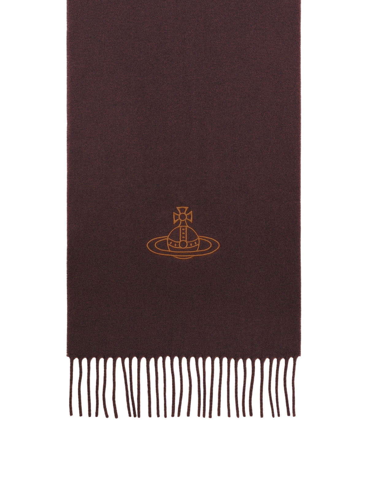 A dark Plum knit scarf with fringe at the bottom and a small gold embroidered Vivienne Westwood Orb logo in the center, shown against a plain white background.