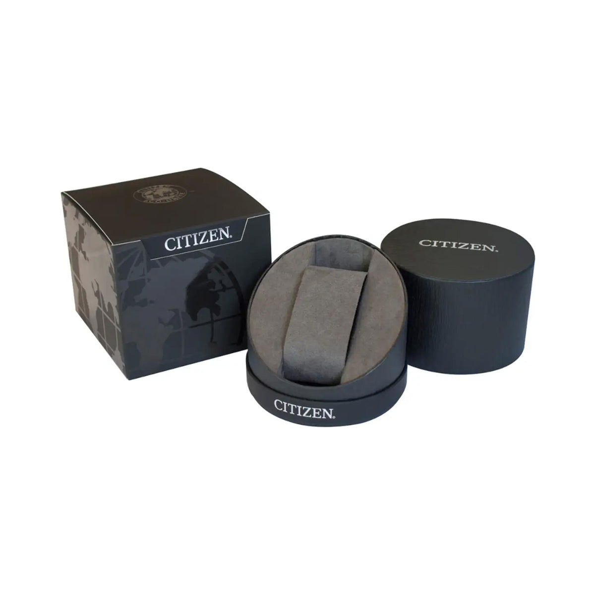 Citizen watch presentation box set with square box, holder, and circular lid.