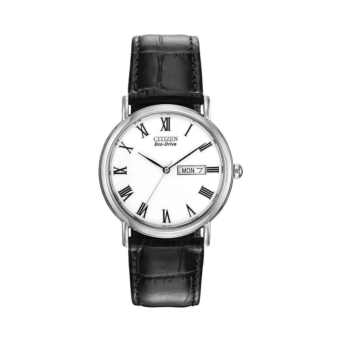 The Citizen Gents Eco-Drive Day/Date White Dial Strap Watch, a silver stainless steel watch from Citizen, OD’s Jewellers in St Helens.