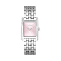 BOSS Lucy ladies' watch with pink dial and stainless steel bracelet, close-up view. Elegant timepiece detail.