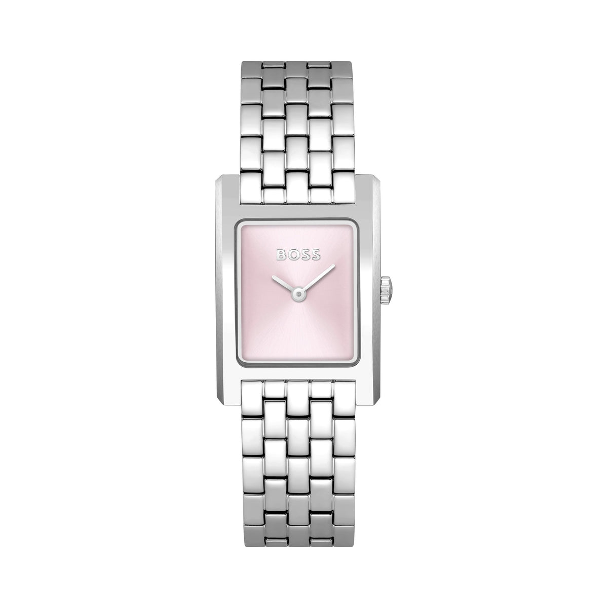 BOSS Lucy ladies' watch with pink dial and stainless steel bracelet, close-up view. Elegant timepiece detail.