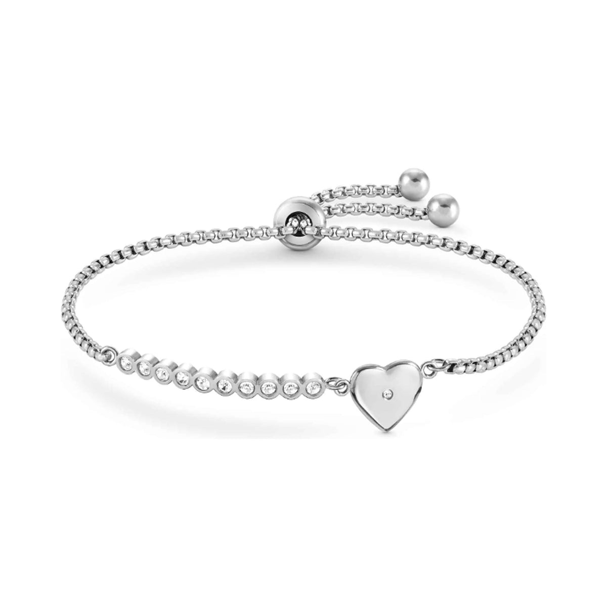 Elegant heart bracelet, Nomination Milleluci featuring sparkling CZ accents and a stainless steel chain. Perfect jewelry