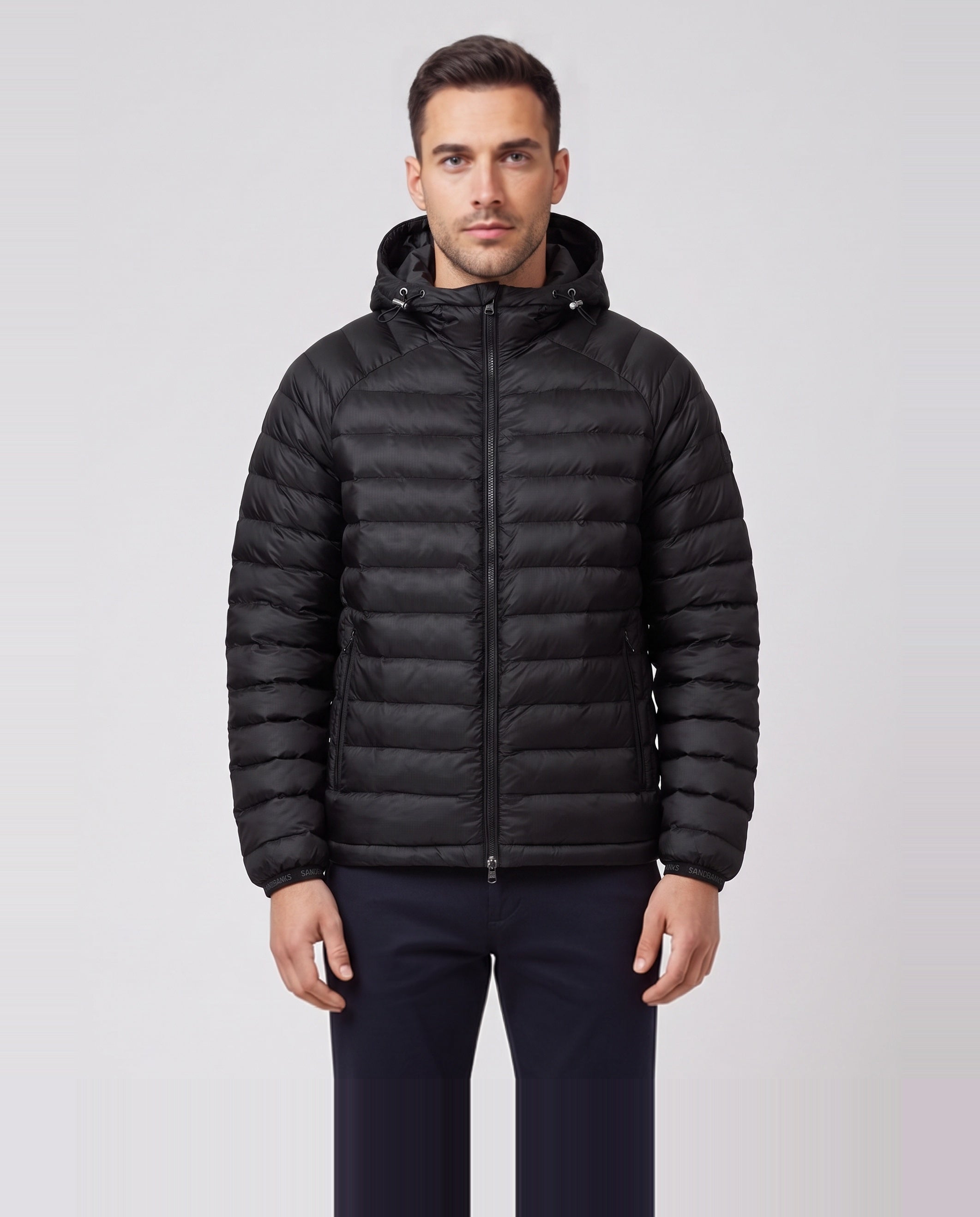 Men's Sandbanks Black Ragland Hooded Ripstop Micro Puffer Jacket