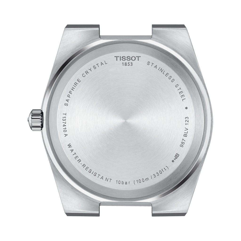 Close-up of the Tissot PRX 40mm watch caseback, featuring stainless steel, sapphire crystal, model T137410A, and 100m water