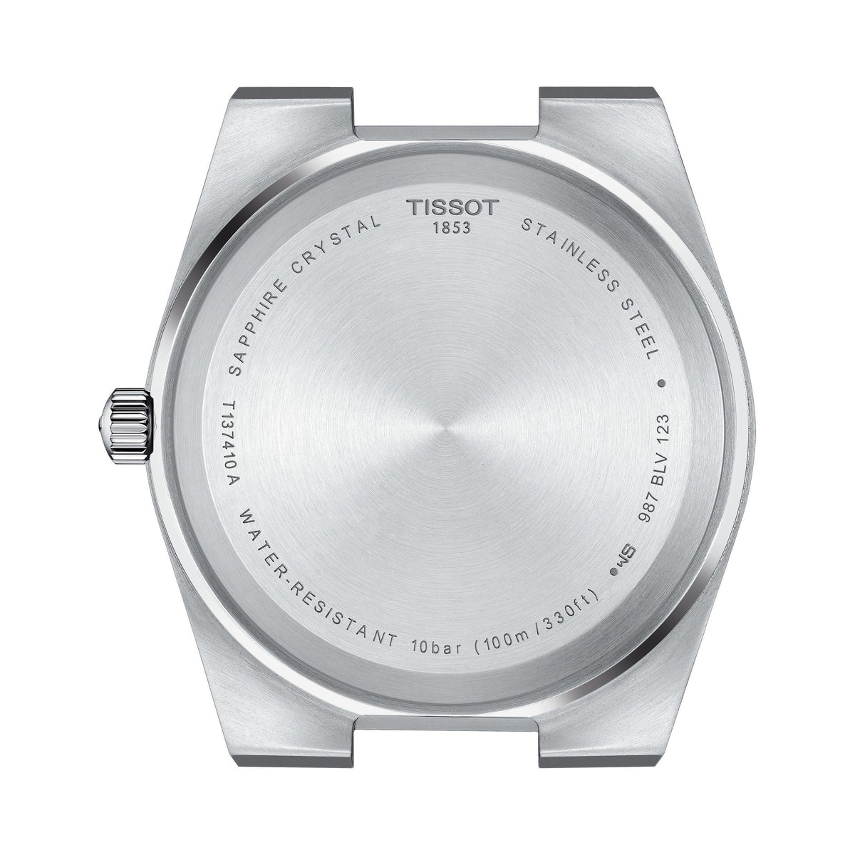 Close-up of the Tissot PRX 40mm watch caseback, featuring stainless steel, sapphire crystal, model T137410A, and 100m water