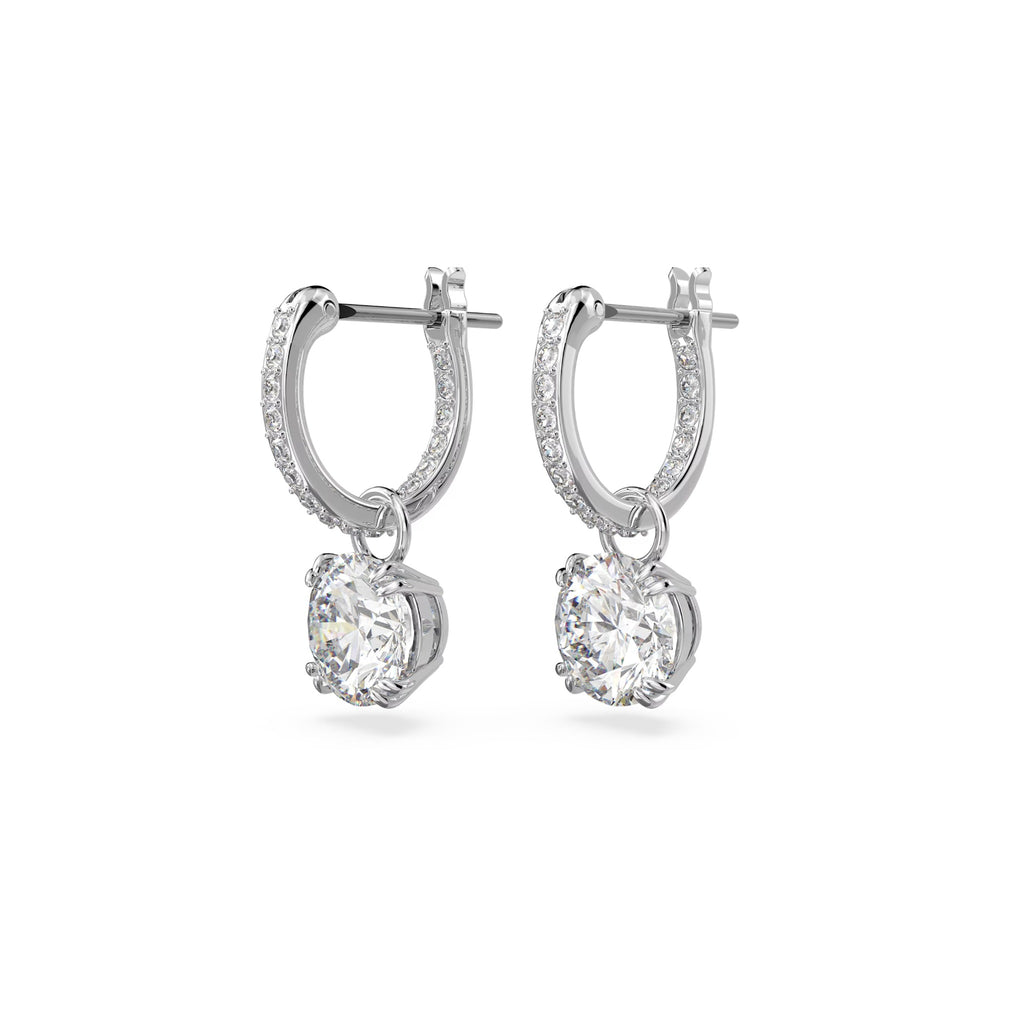 The Swarovski Constella Round Cut Drop Earrings, rhodium-plated silver jewelry from Swarovski, OD’s Jewellers in St Helens.