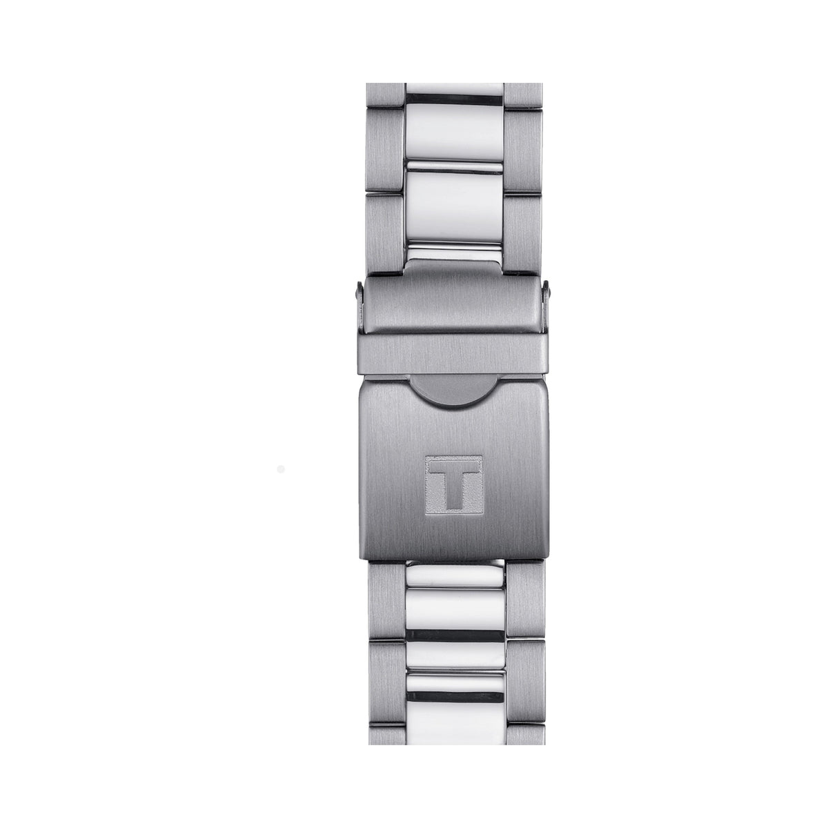 Close-up of the Tissot Seastar 1000 watch band, highlighting the stainless steel bracelet and fold-over clasp with Tissot
