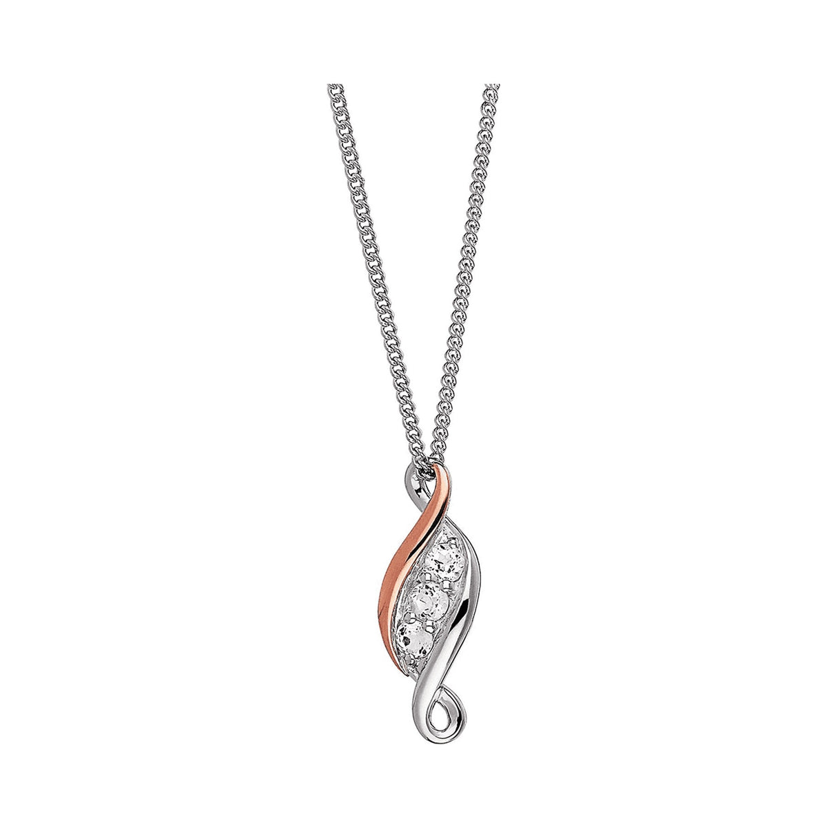 Clogau pendant featuring a silver chain and rose gold-accented design with three white topaz stones.