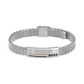 BOSS Alen bracelet: Stainless steel mesh band with signature logo detail; brushed finish. Stylish men's jewelry.