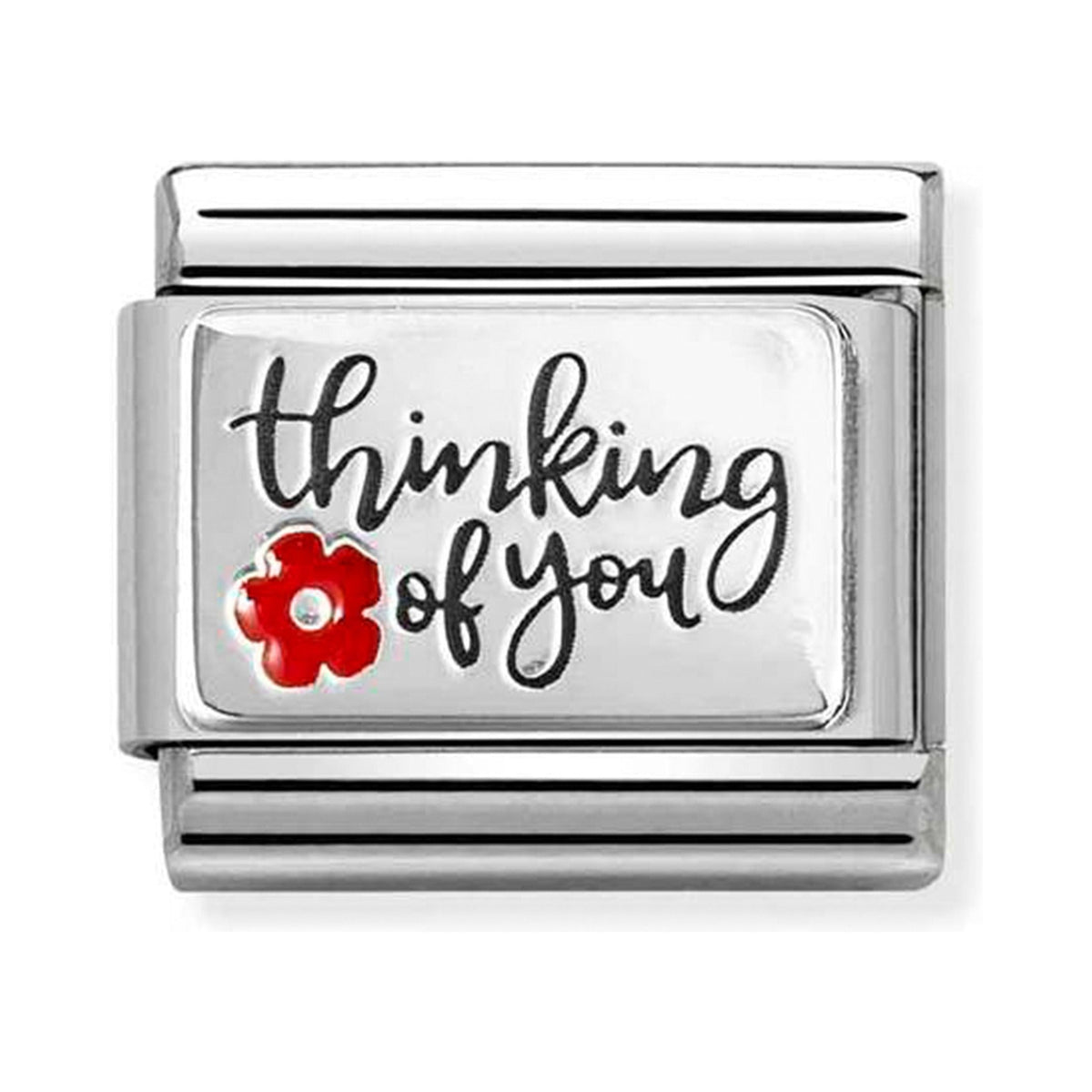 "Thinking of you" charm for a composable bracelet, featuring a red enamel flower detail. Steel & 925 silver.