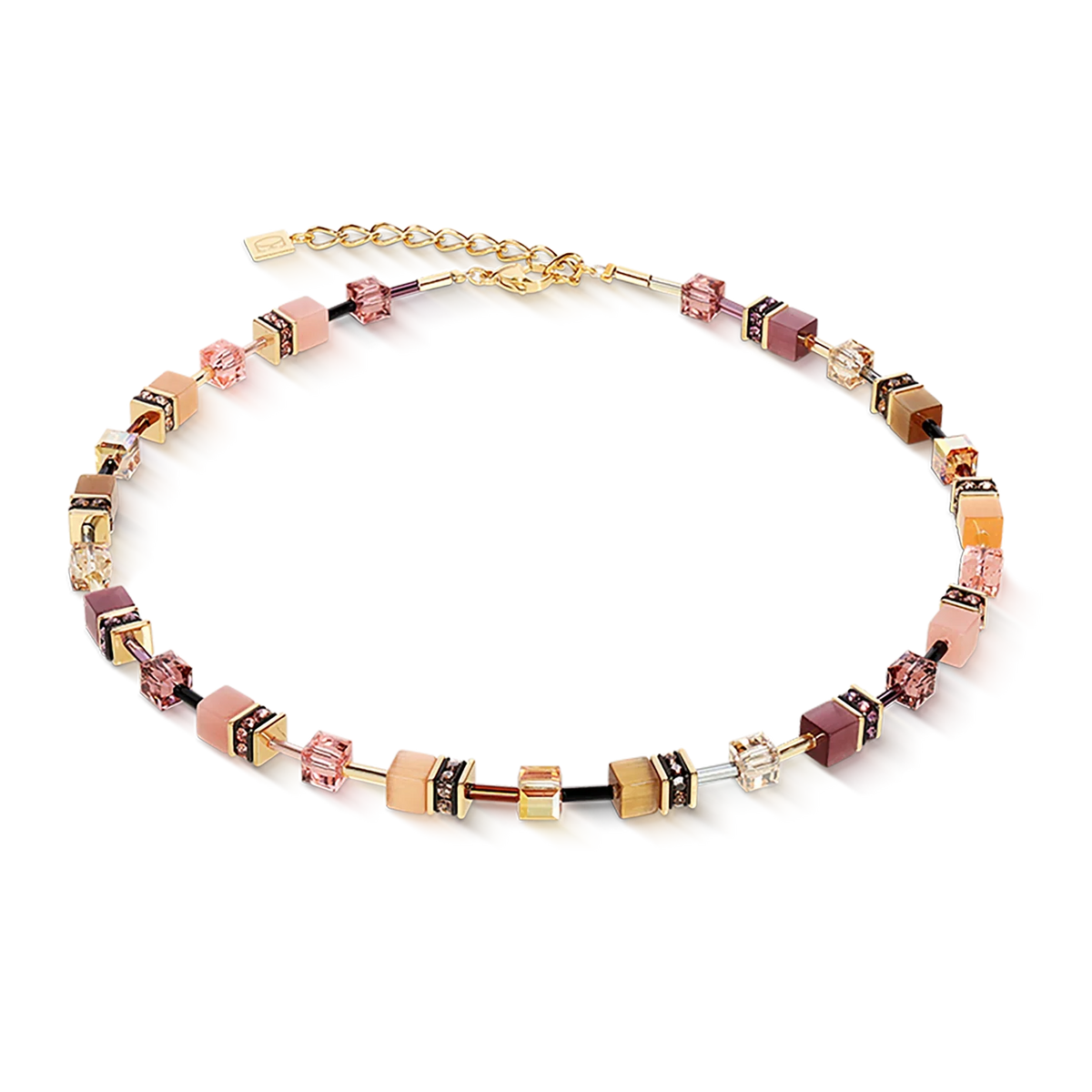 Beaded necklace with square pastel beads and gold chain.
