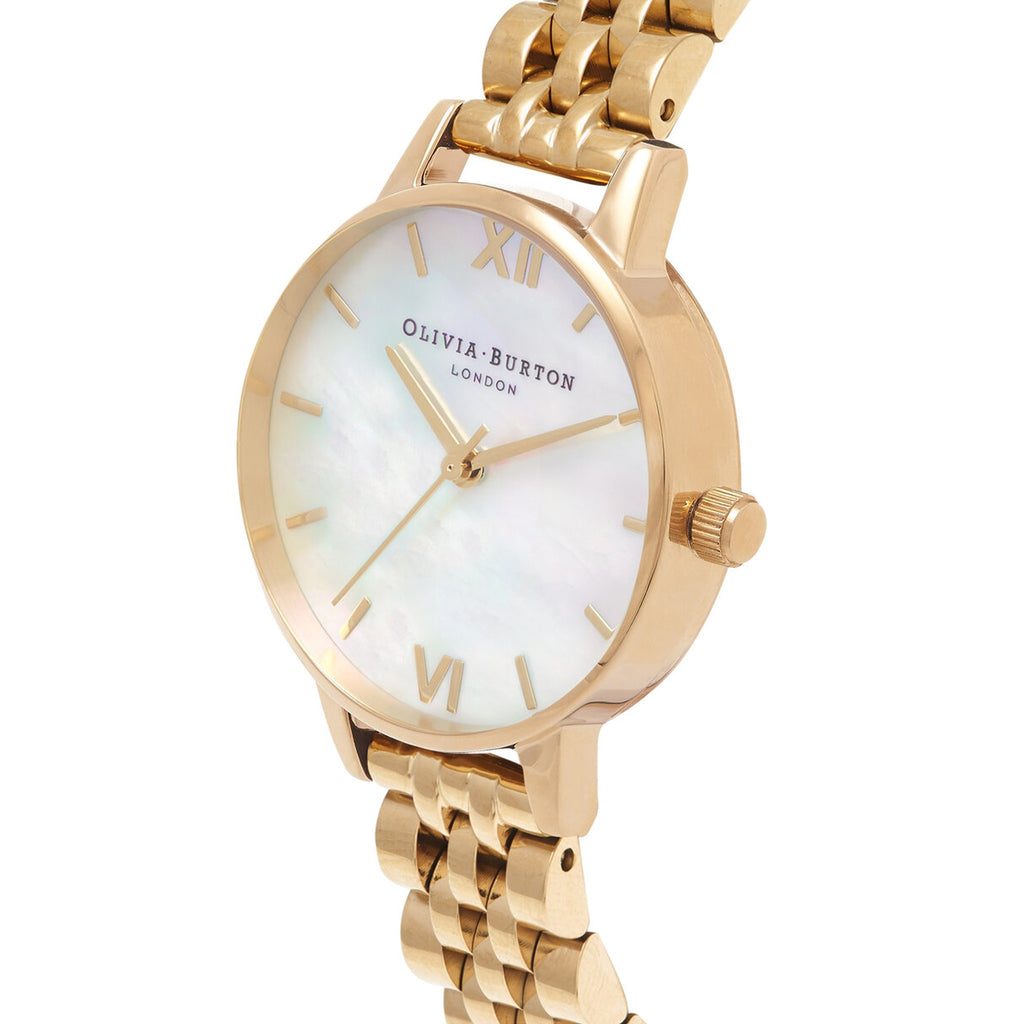 The Olivia Burton Ladies Mother of Pearl Bracelet Watch, gold plated metal, from Olivia Burton, at OD’s Jewellers in St Helens.
