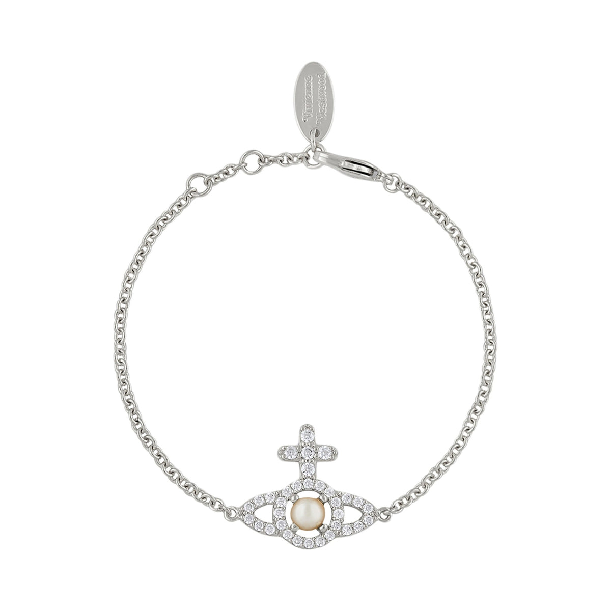 The Vivienne Westwood Olympia Pearl Chain Bracelet, a platinum plated silver bracelet from Vivienne Westwood, available at OD’s Jewellers in St Helens.