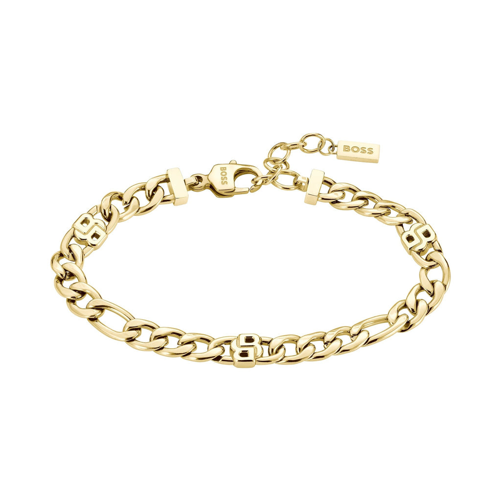 Gold plated Boss bracelet featuring a double 'B' chain design and lobster clasp, showcasing classic stainless steel jewelry.