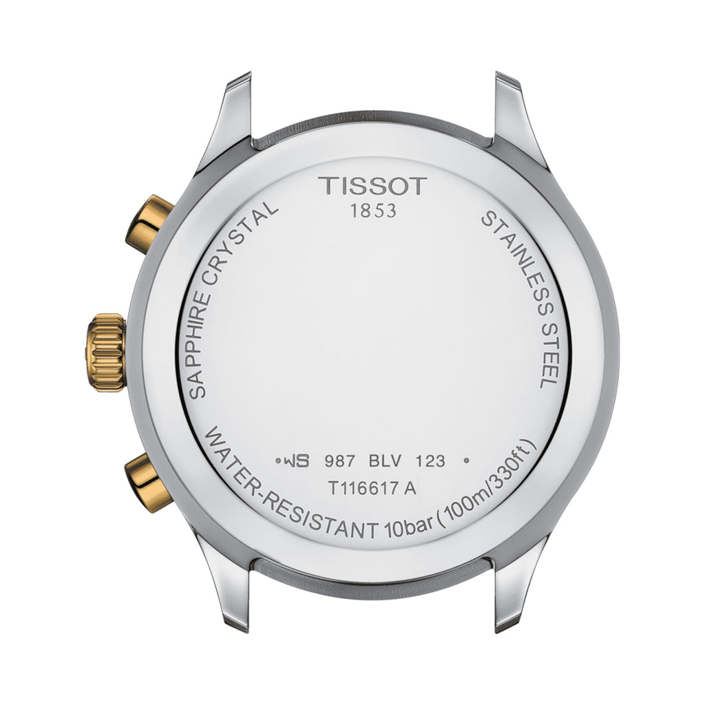 Tissot watch caseback showcasing the brand name, Swiss-made details, model number T116617A, and water resistance information.