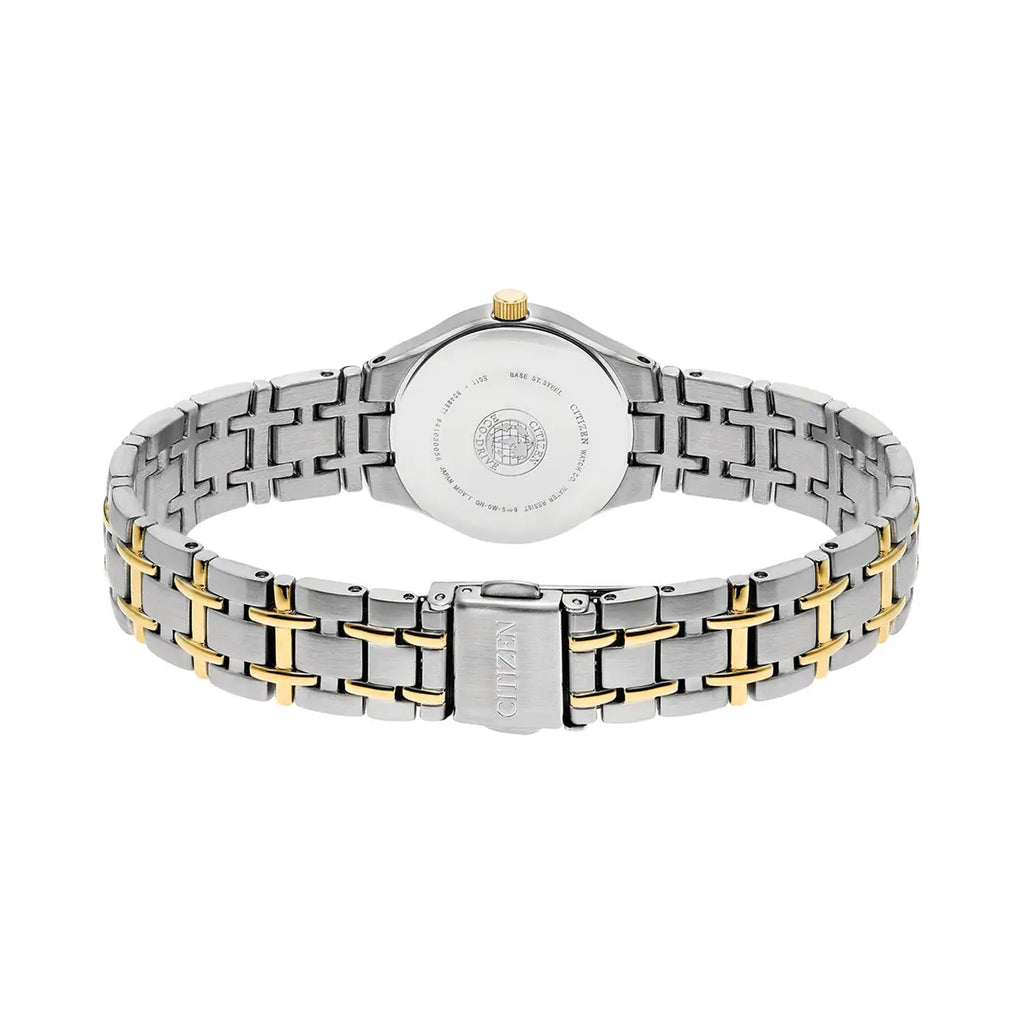 The Citizen Ladies Eco-Drive Silhouette White Date Dial Bracelet Watch, two-tone silver-gold steel bracelet from Citizen, OD's Jewellers, St Helens.