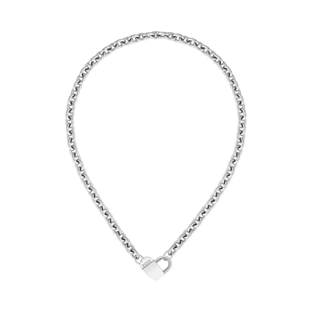BOSS heart padlock necklace for women in stainless steel, close-up view. Fashionable pendant jewelry.