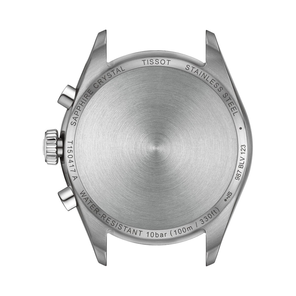 Tissot watch case back detail showing stainless steel, water resistance rating, and model number T150417 A.